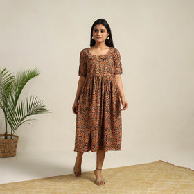 Orange - Pedana Block Print Cotton Flared Kalamkari Dress 07