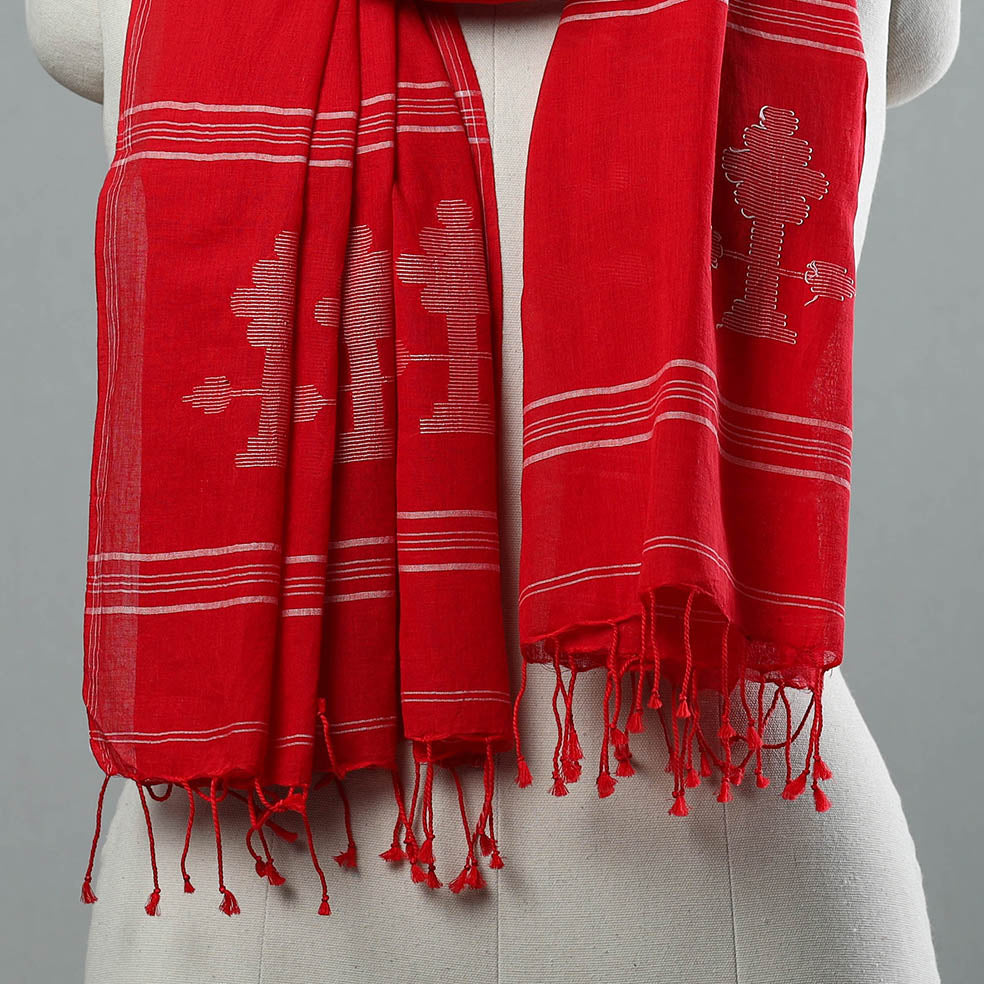 Red - Burdwan Jamdani Cotton Handloom Stole with Tassels 07