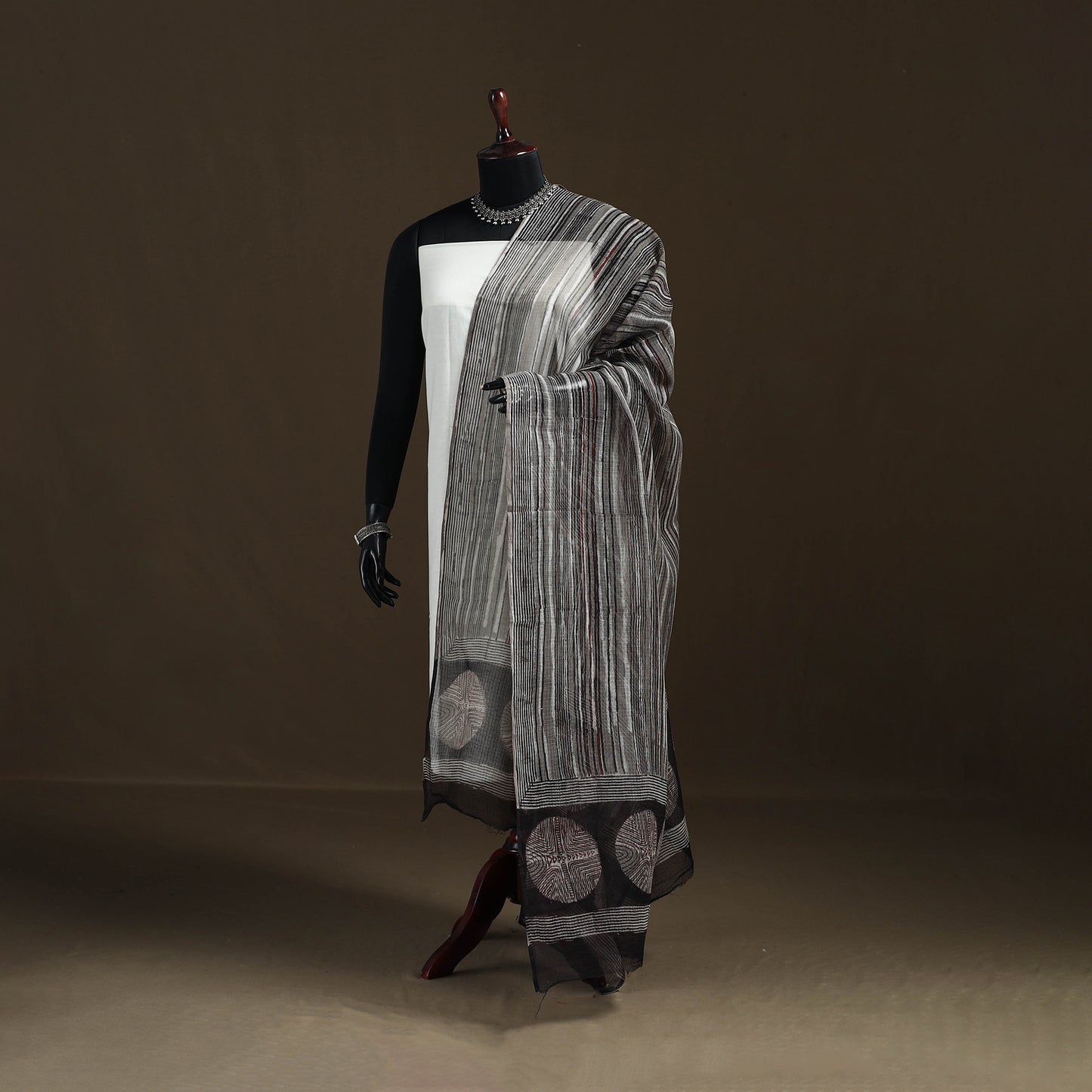 Grey - Gray - Ajrakh Vanaspati Hand Block Print Natural Dyed Kota Doria Cotton Dupatta 14