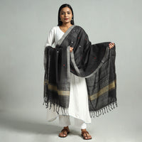 Black - Godavari Jamdani Buti Handloom Handspun Cotton Dupatta with Tassels 10