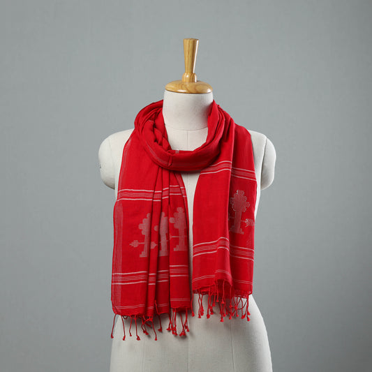 Red - Burdwan Jamdani Cotton Handloom Stole with Tassels 07