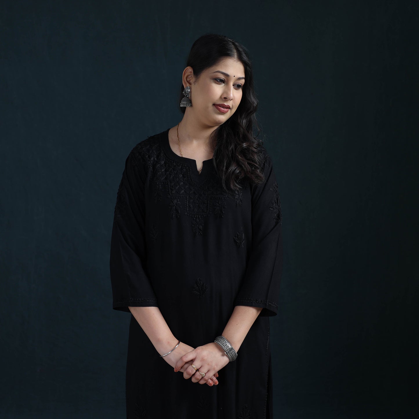 Black - Hand Embroidered Rayon Chikankari Kurta with Pant Set for Women 01