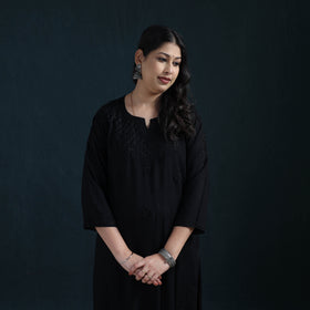 Black - Hand Embroidered Rayon Chikankari Kurta with Pant Set for Women 01