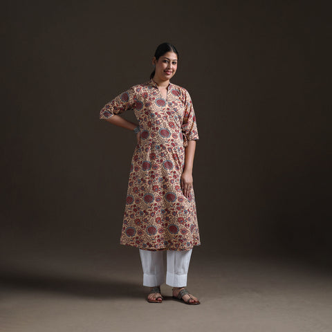 Gota Work Floral Sanganeri Block Print Cotton A-Line Angrakha Kurta for Women 18