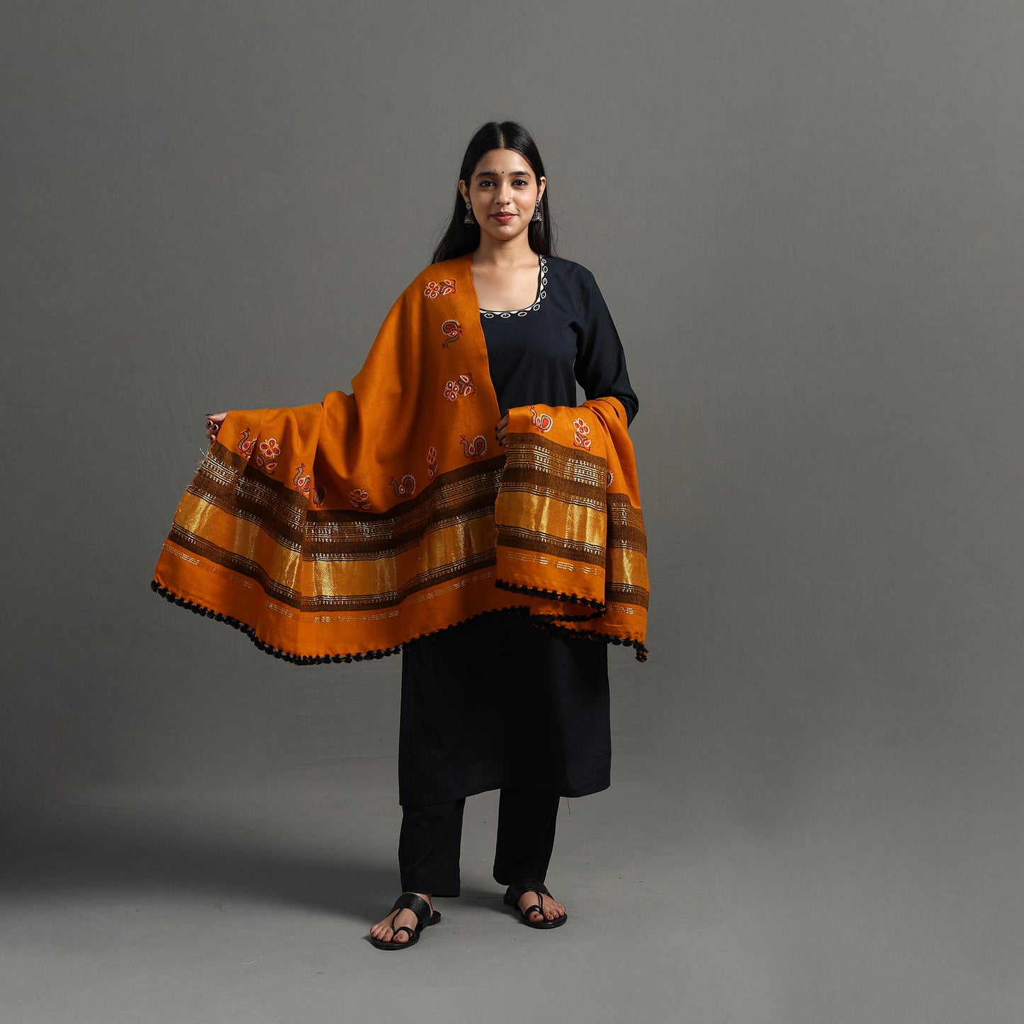 Orange - Kutch Ahir Hand Embroidery Woollen Shawl 52