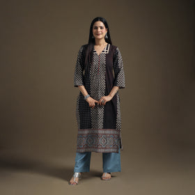Hand Block Print Cotton Straight Long Ajrakh Kurta for Women 01