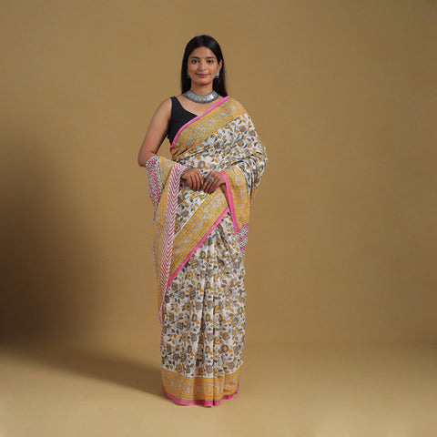 Multicolor - Block Print Mul Cotton Sanganeri Saree 02