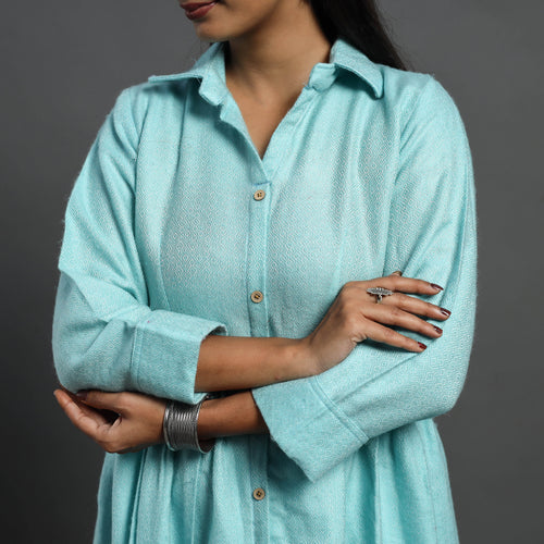 Alisha Light Blue Plain Button Down Woollen Dress 07