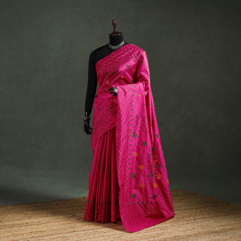 Pink - Bengal Nakshi Kantha Hand Embroidered Silk Saree 28