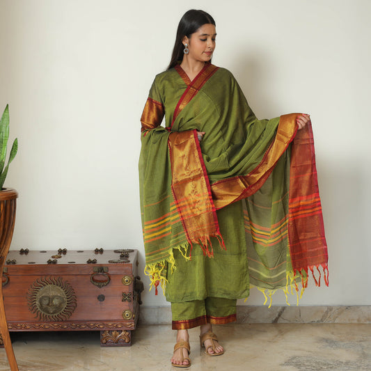 Green - Dharwad Cotton Kurta with Palazzo & Dupatta Set 14