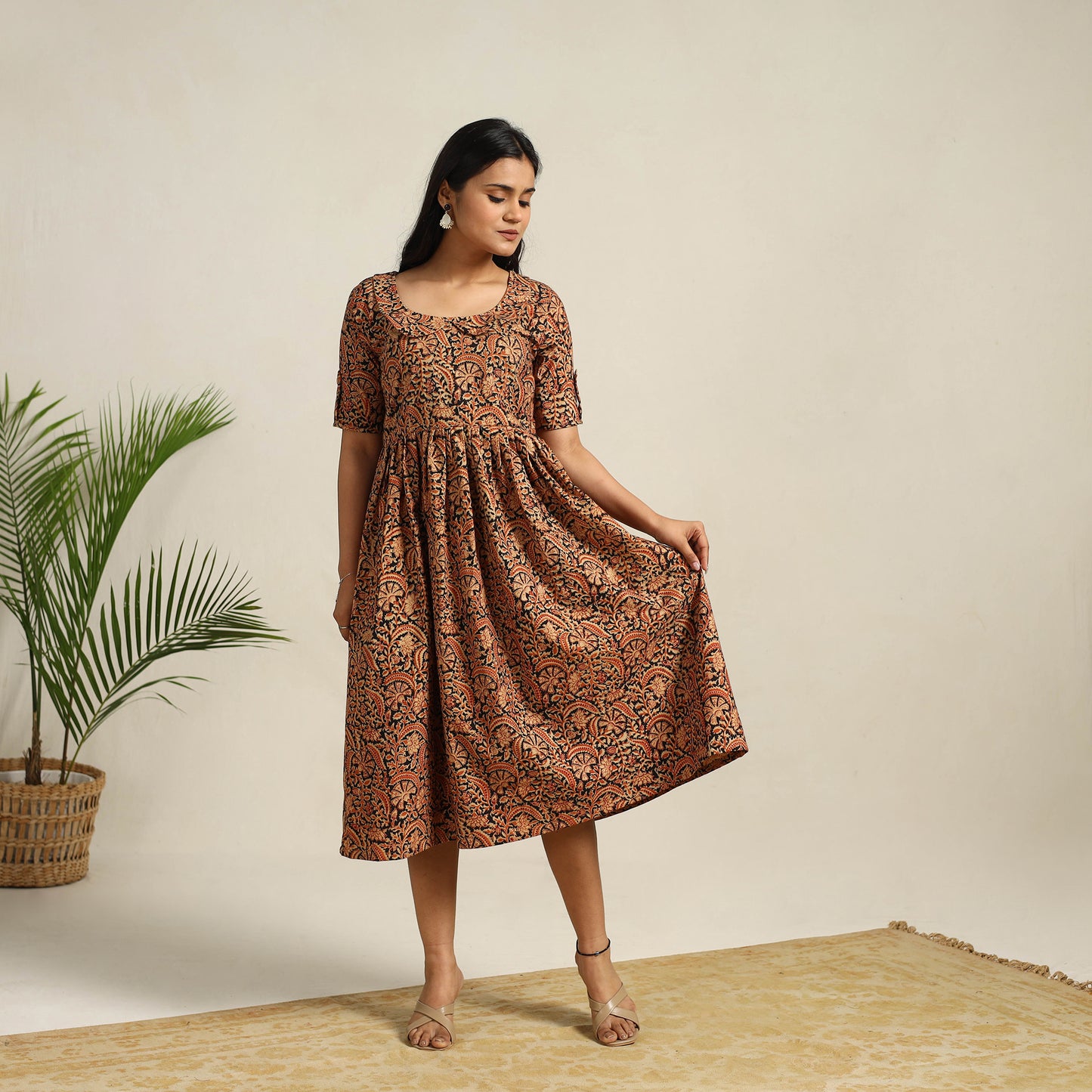 Pedana Block Print Cotton Flared Kalamkari Dress 07