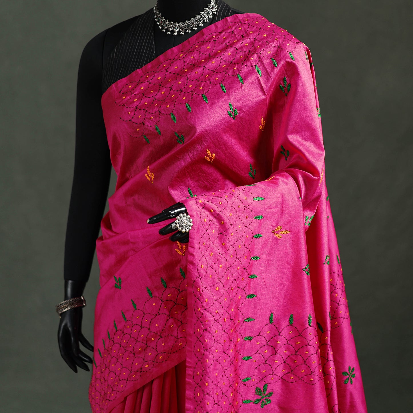 Pink - Bengal Nakshi Kantha Hand Embroidered Silk Saree 28