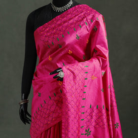 Pink - Bengal Nakshi Kantha Hand Embroidered Silk Saree 28