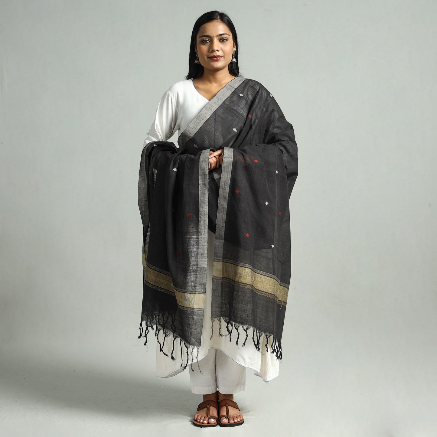 Black - Godavari Jamdani Buti Handloom Handspun Cotton Dupatta with Tassels 10