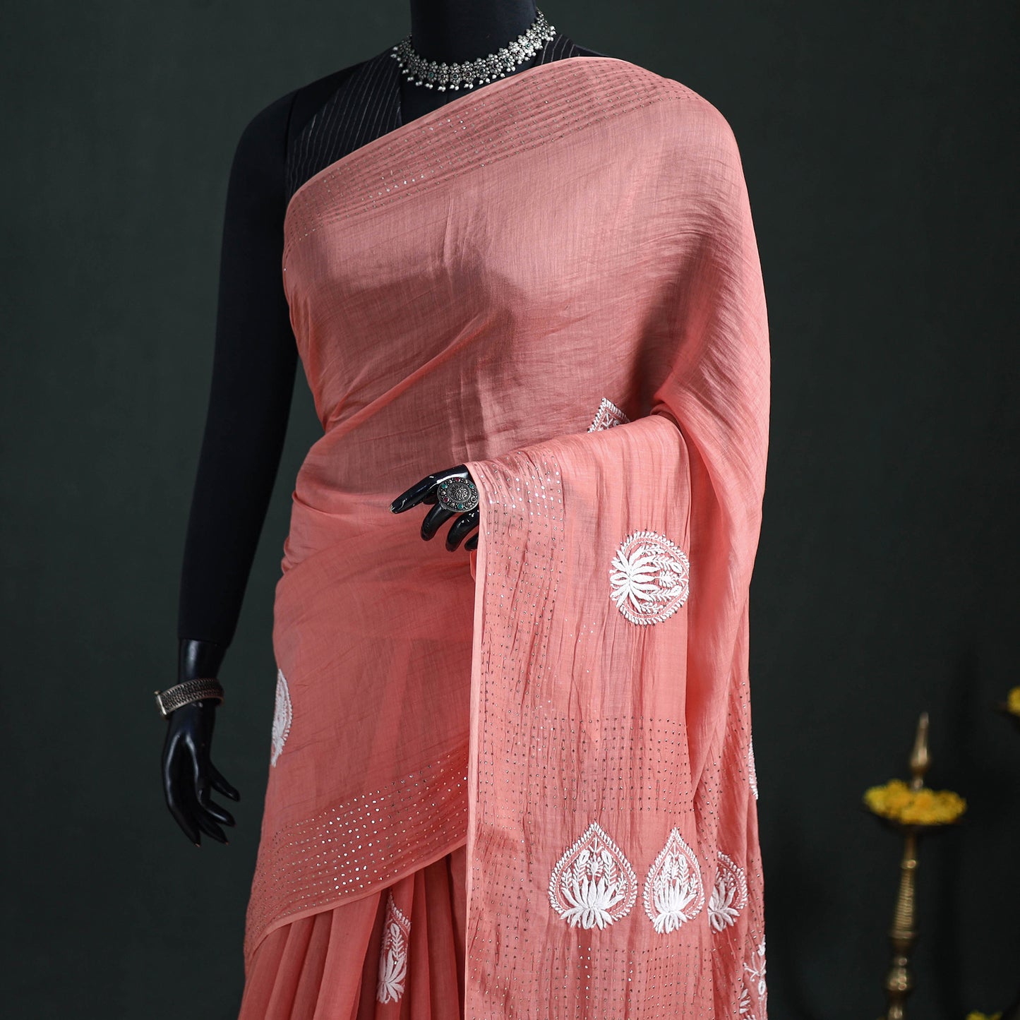 Lucknowi Chikankari Heavy Mukaish Work Pure Mul Chanderi Saree 02