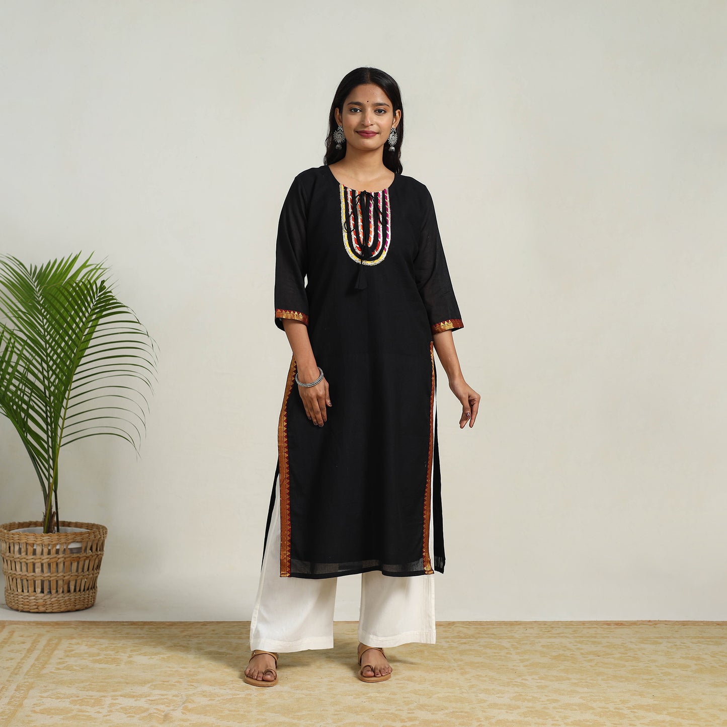 Black - Gota Work Mercerised Cotton Straight Dharwad Kurta 07