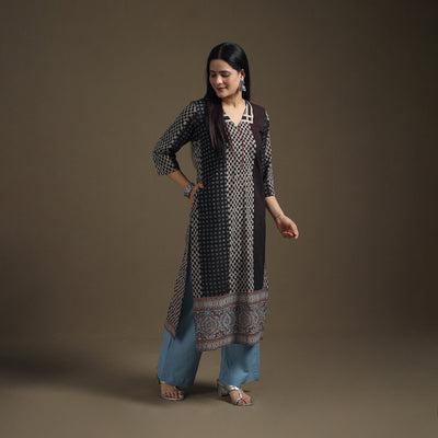 Hand Block Print Cotton Straight Long Ajrakh Kurta for Women 01