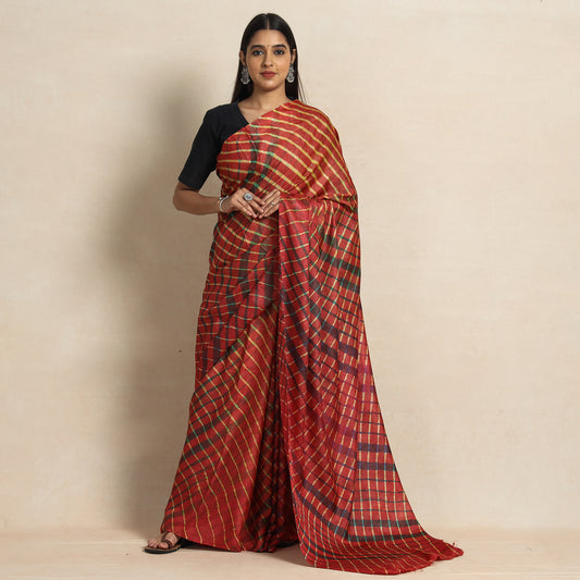 Red - Multicolour Leheriya Tie-Dye Tussar Silk Handloom Saree