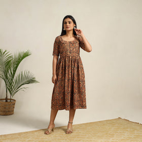 Orange - Pedana Block Print Cotton Flared Kalamkari Dress 07