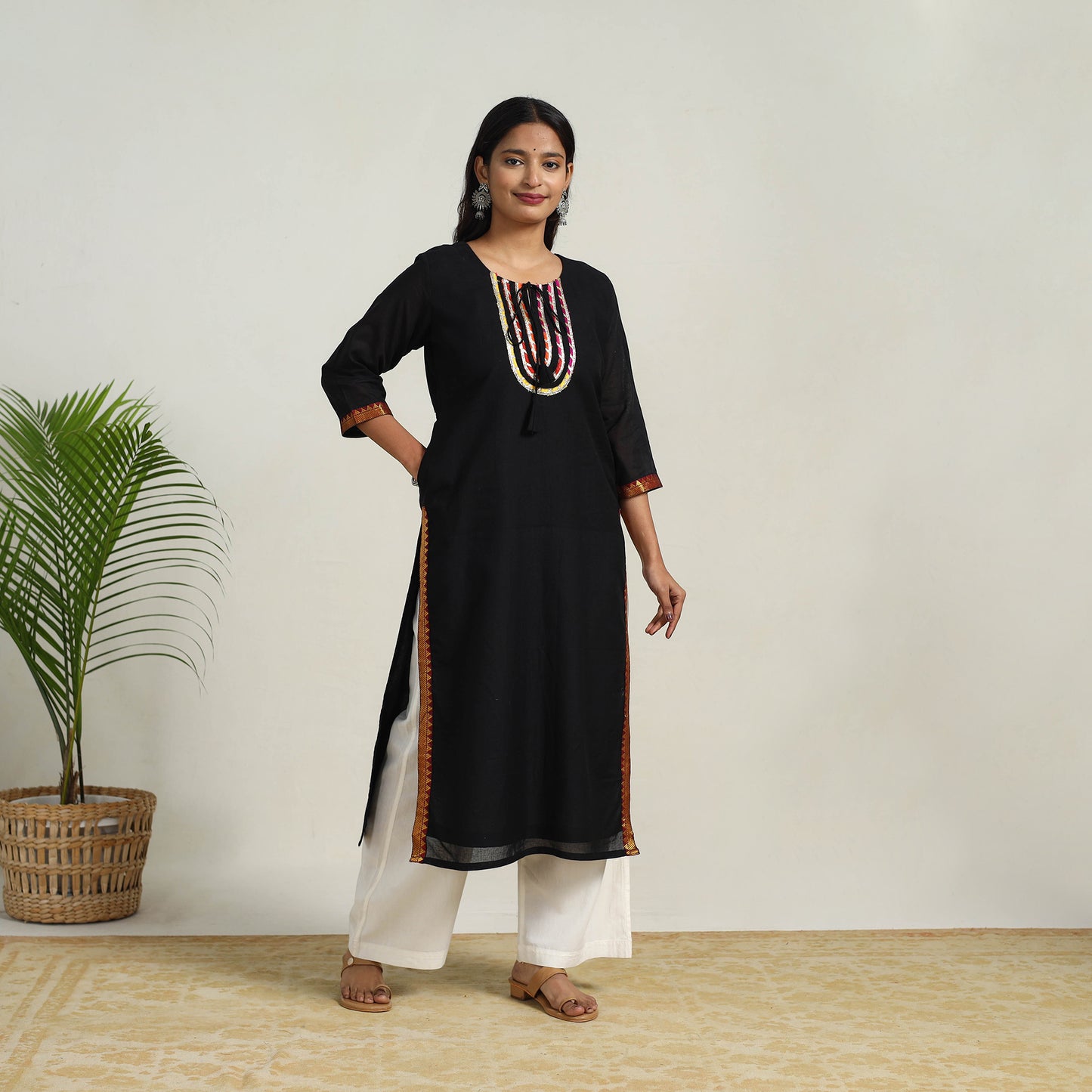 Black - Gota Work Mercerised Cotton Straight Dharwad Kurta 07