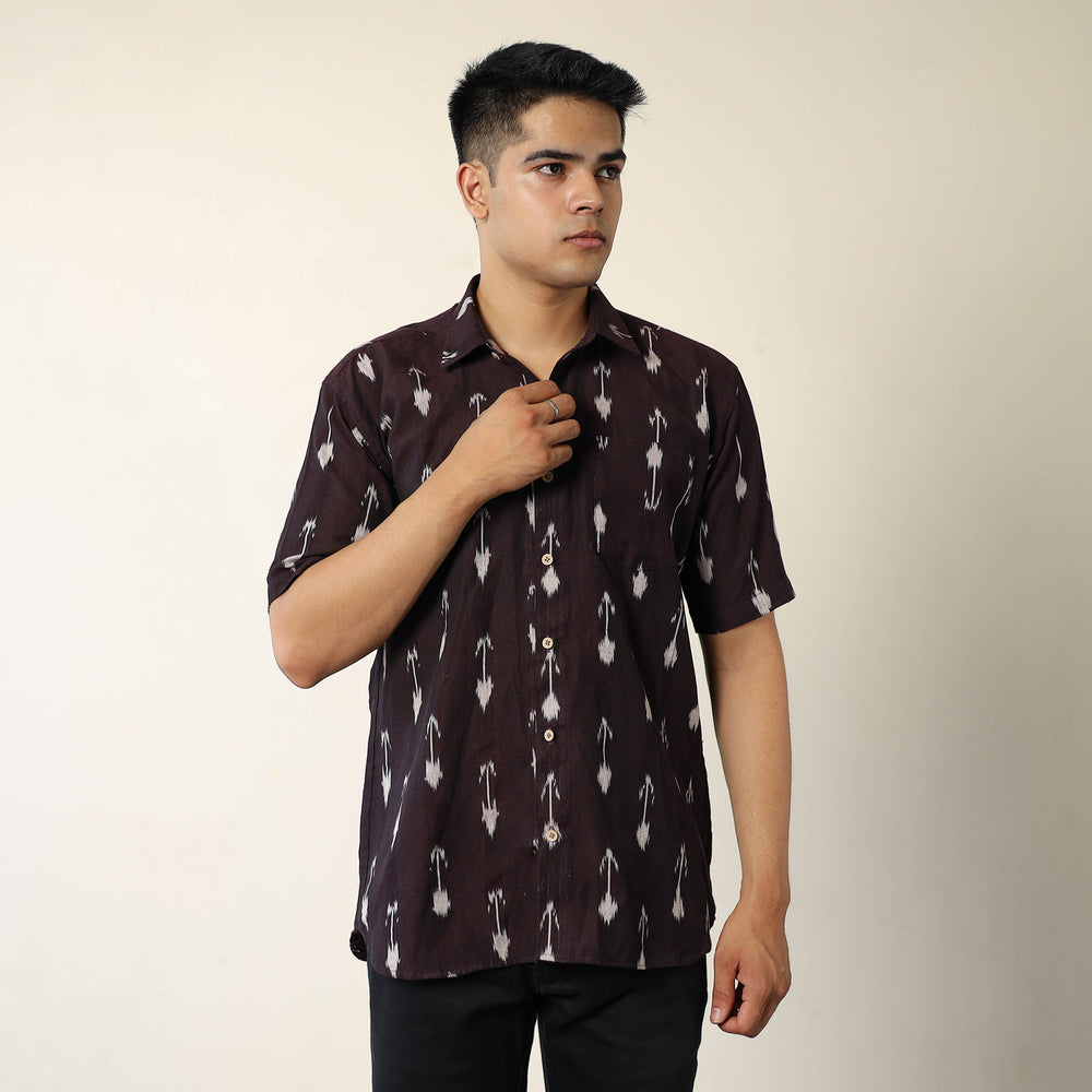 Brown - Pochampally Ikat Weave Cotton Men Half Sleeve Shirt 09