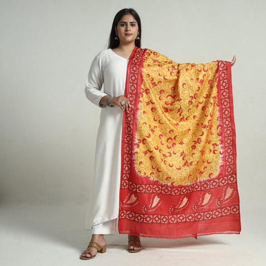 Yellow - Bengal Kantha Embroidery Tussar Silk Handloom Dupatta 09