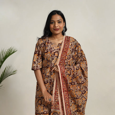 Buy Brown Block Printed Cotton Kalamkari Kurta Set