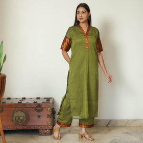 Green - Dharwad Cotton Kurta with Palazzo & Dupatta Set 14