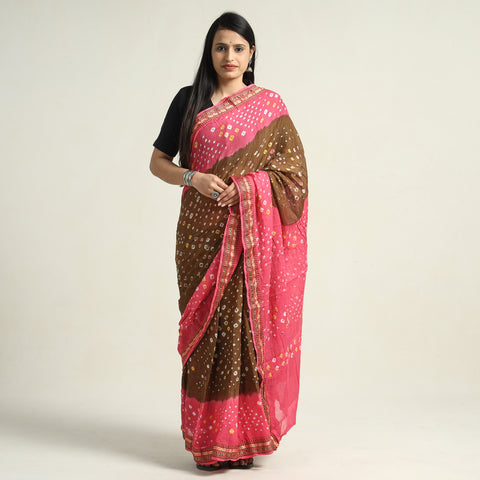 Pink - Kutch Bandhani Tie-Dye Cotton Saree with Blouse Piece