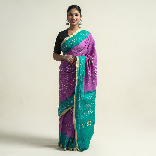 Purple - Kutch Bandhani Tie-Dye Cotton Saree with Blouse Piece