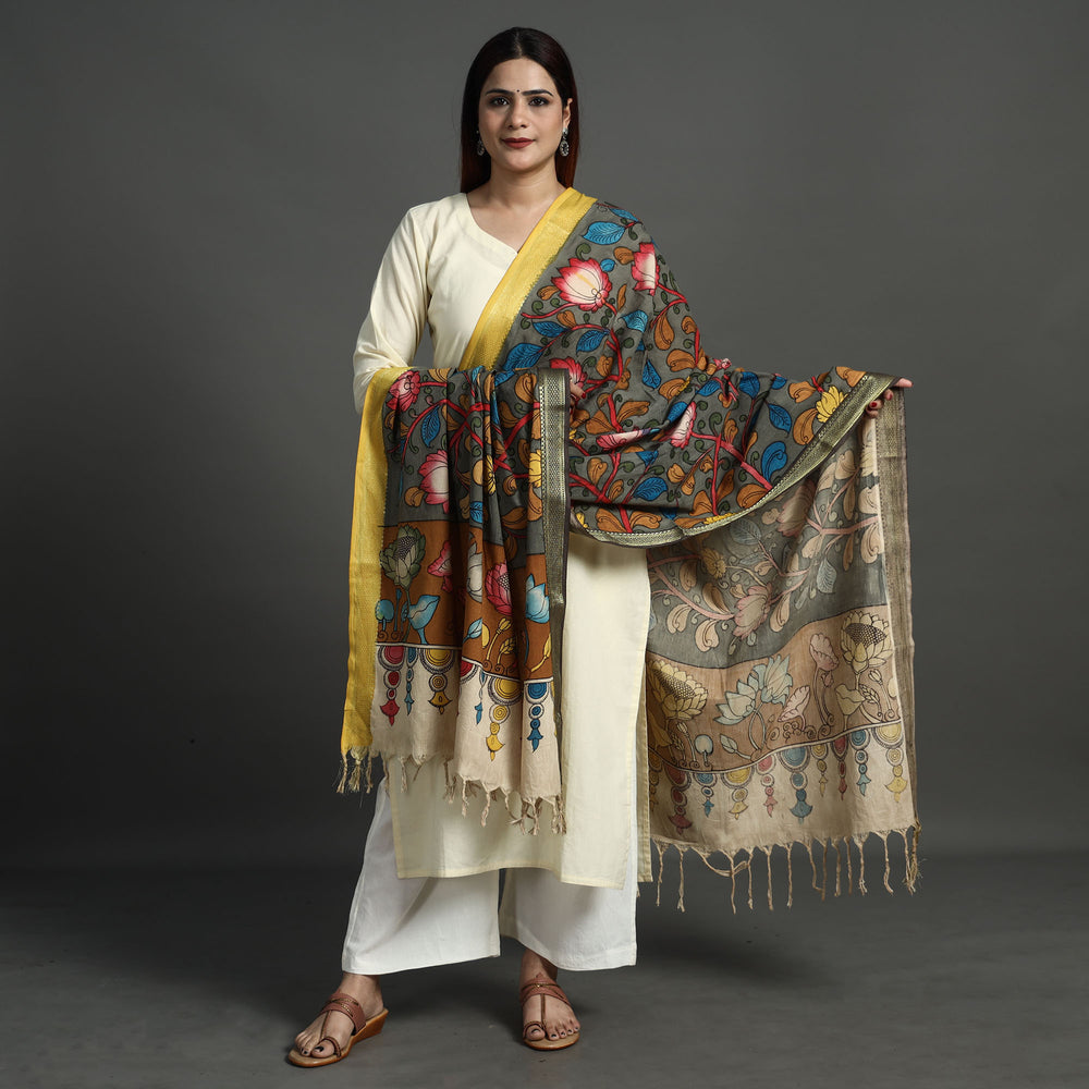 Multicolor - Srikalahasti Pen Work Kalamkari Cotton Handpainted Zari Border Dupatta with Tassels 117