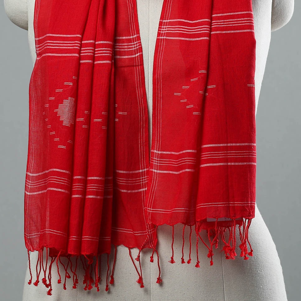 Red - Burdwan Jamdani Cotton Handloom Stole with Tassels 04