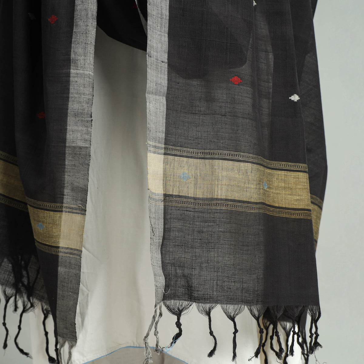 Black - Godavari Jamdani Buti Handloom Handspun Cotton Dupatta with Tassels 10