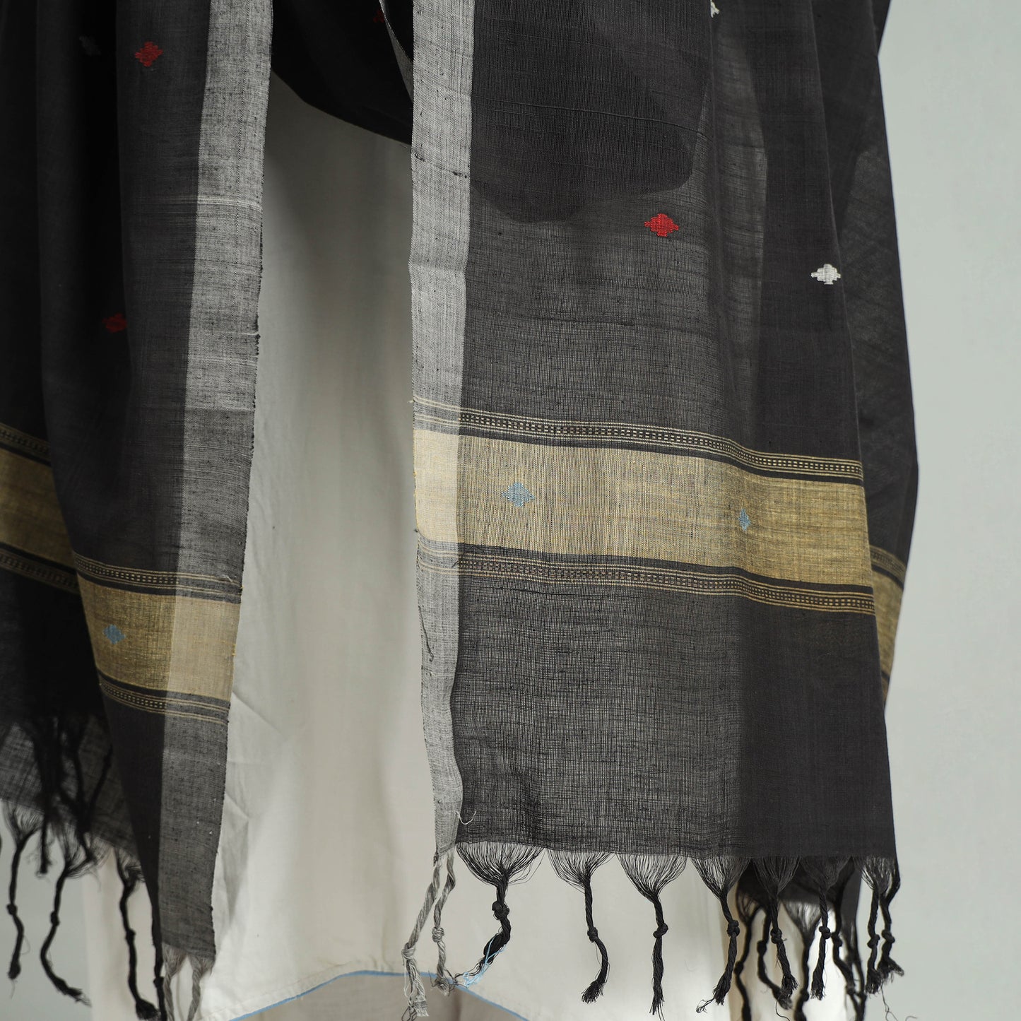 Black - Godavari Jamdani Buti Handloom Handspun Cotton Dupatta with Tassels 10