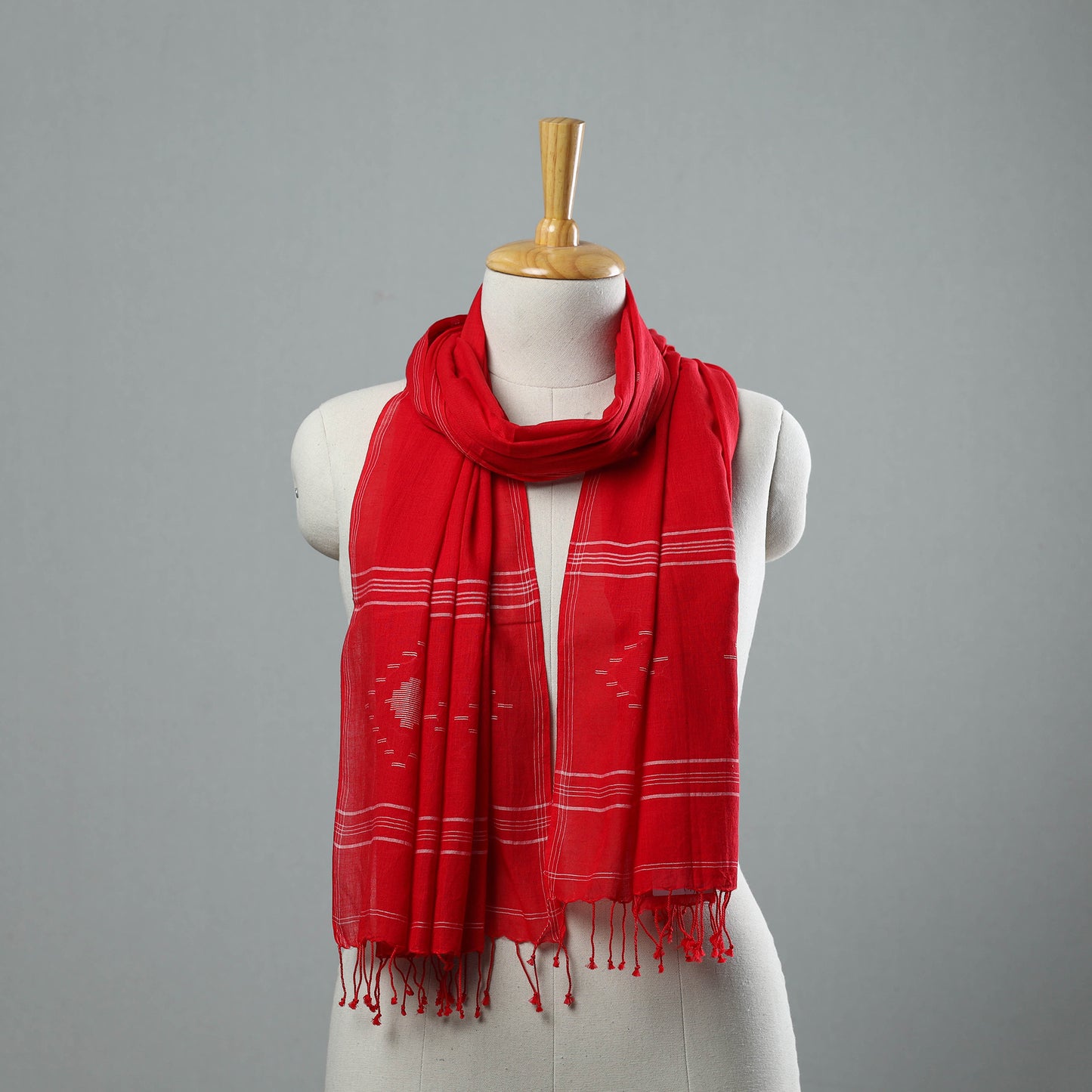 Red - Burdwan Jamdani Cotton Handloom Stole with Tassels 04