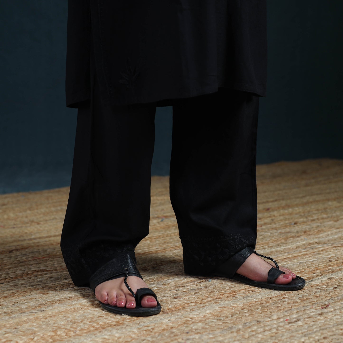 Black - Hand Embroidered Rayon Chikankari Kurta with Pant Set for Women 01