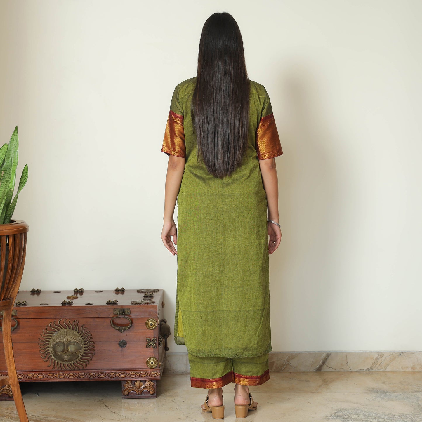 Green - Dharwad Cotton Kurta with Palazzo & Dupatta Set 14