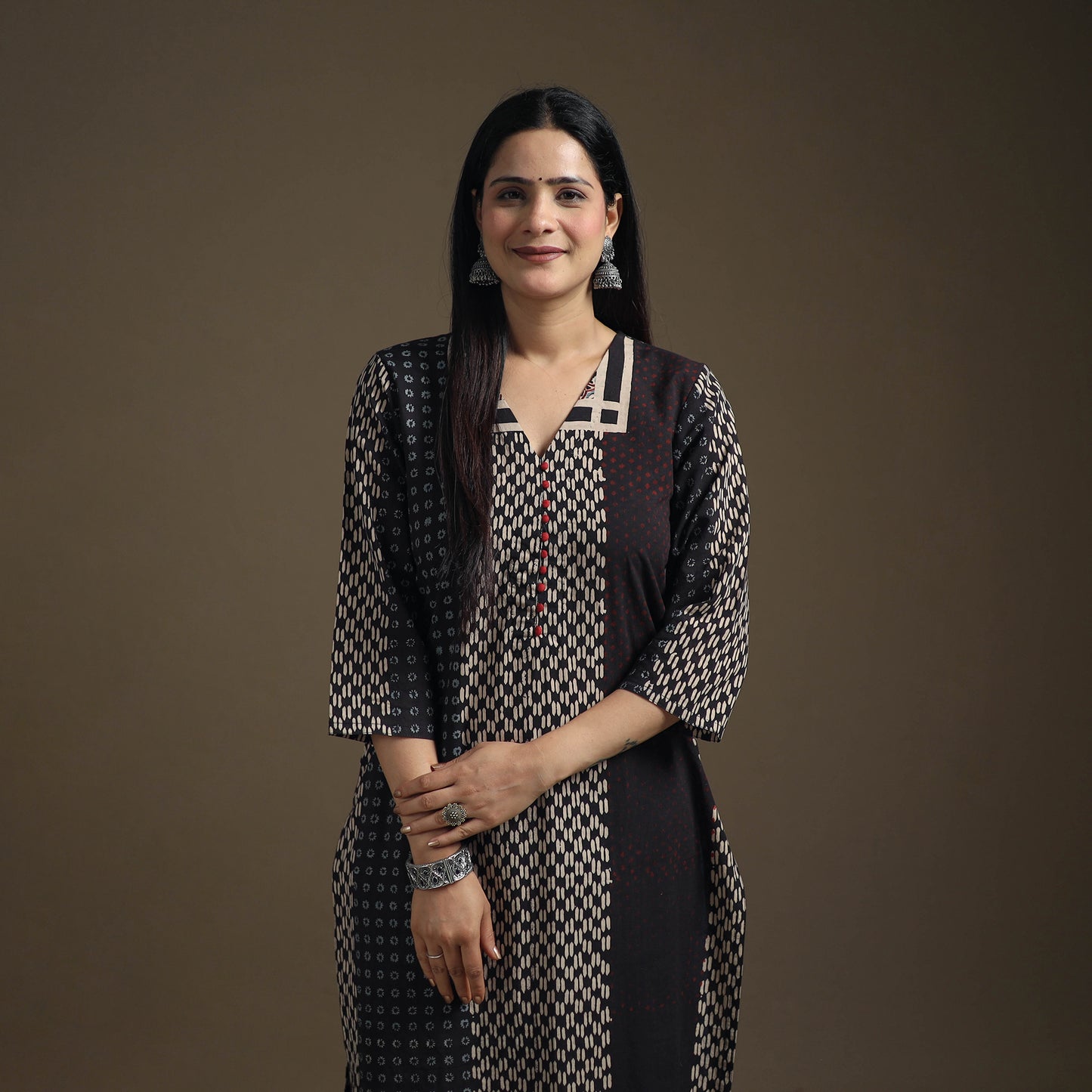 Hand Block Print Cotton Straight Long Ajrakh Kurta for Women 01