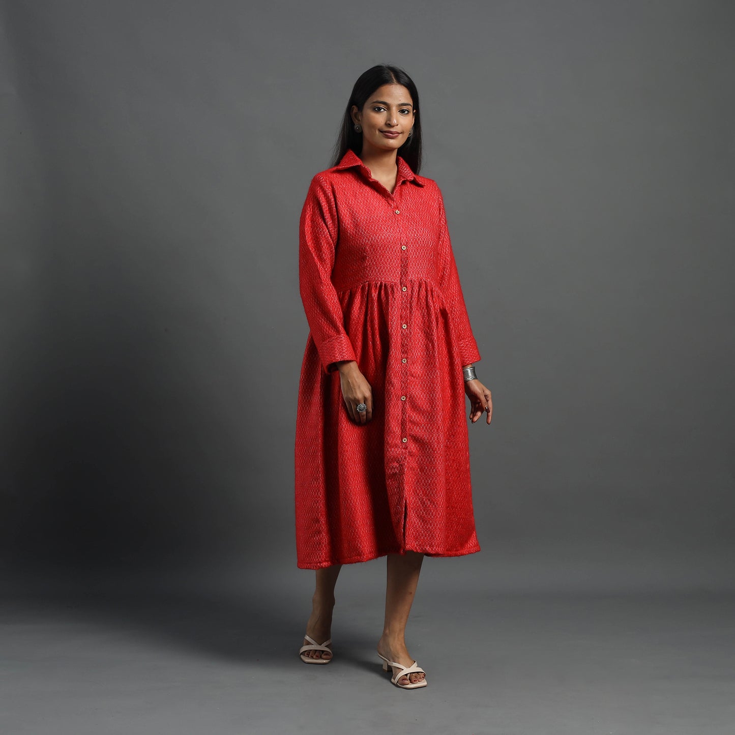 Aaisha Red Plain Button Down Woollen Dress 08