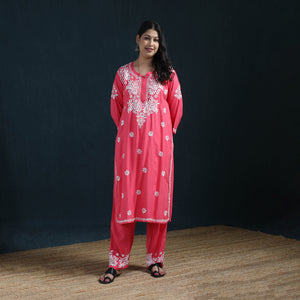 Pink - Hand Embroidered Rayon Chikankari Kurta with Pant Set for Women 07