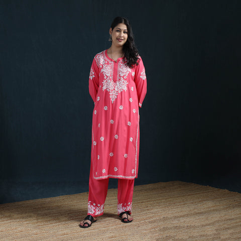 Pink - Hand Embroidered Rayon Chikankari Kurta with Pant Set for Women 07