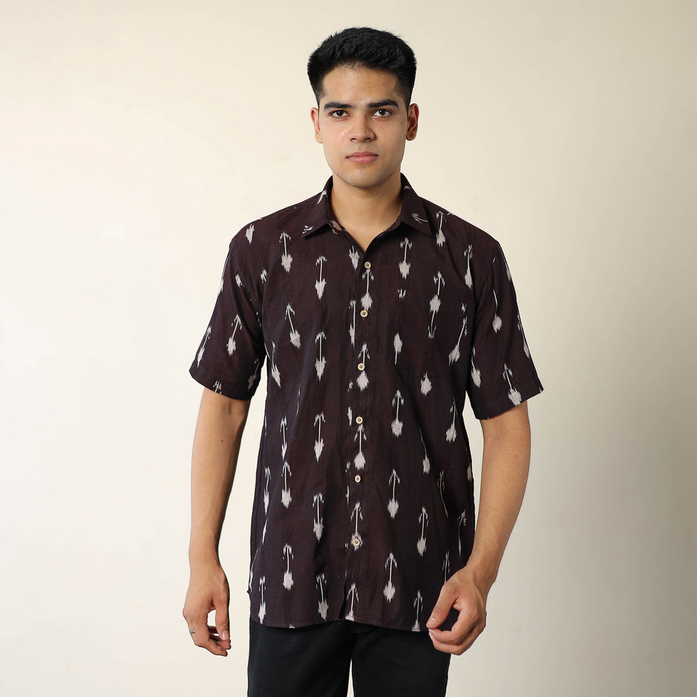 Brown - Pochampally Ikat Weave Cotton Men Half Sleeve Shirt 09