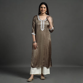 Buy Navy Blue Modal Silk Hand Embroidered Long Kurta l iTokri.com