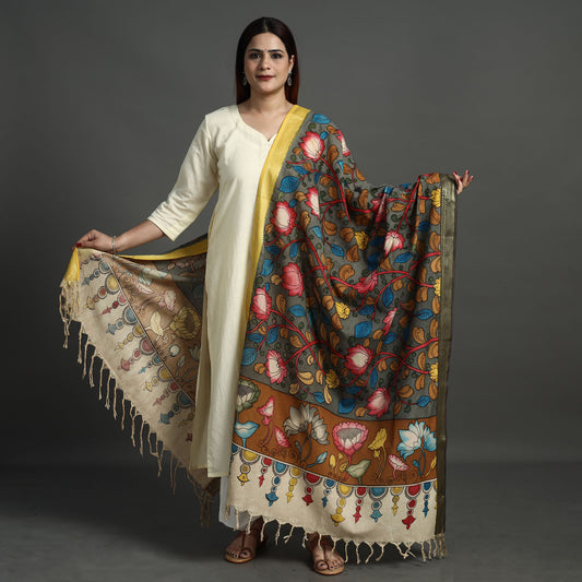 Multicolor - Srikalahasti Pen Work Kalamkari Cotton Handpainted Zari Border Dupatta with Tassels 117