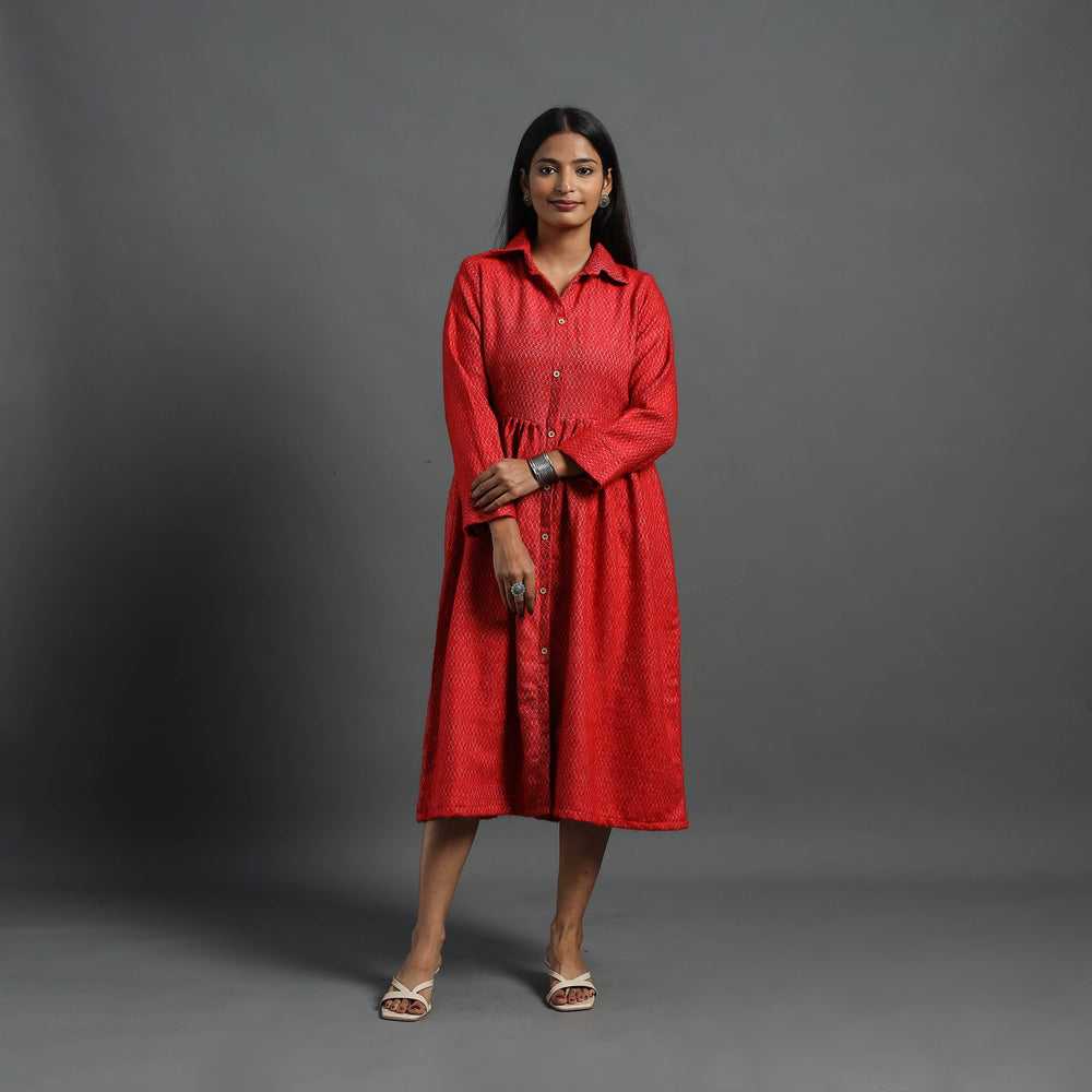 Aaisha Red Plain Button Down Woollen Dress 08