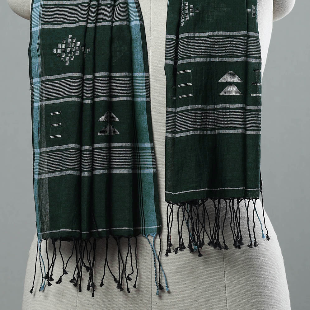 Green - Burdwan Jamdani Cotton Handloom Stole with Tassels 02