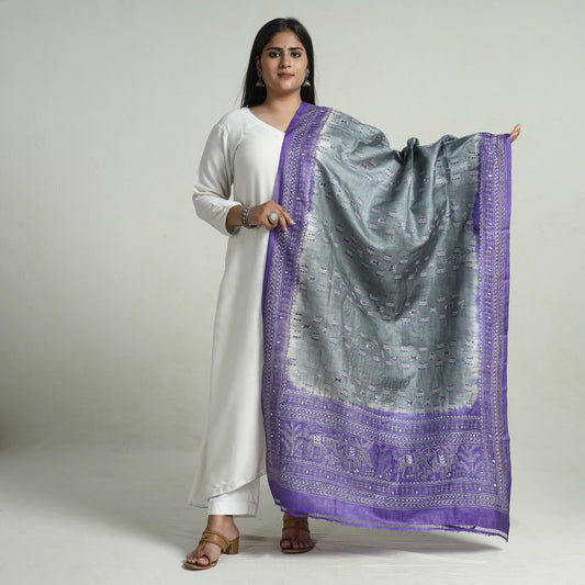 Grey - Bengal Kantha Embroidery Tussar Silk Handloom Dupatta 15
