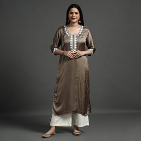Buy Navy Blue Modal Silk Hand Embroidered Long Kurta l iTokri.com