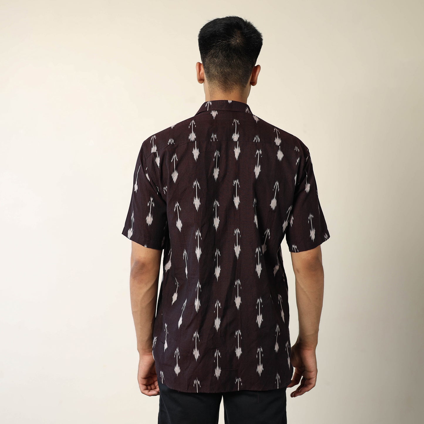 Brown - Pochampally Ikat Weave Cotton Men Half Sleeve Shirt 09