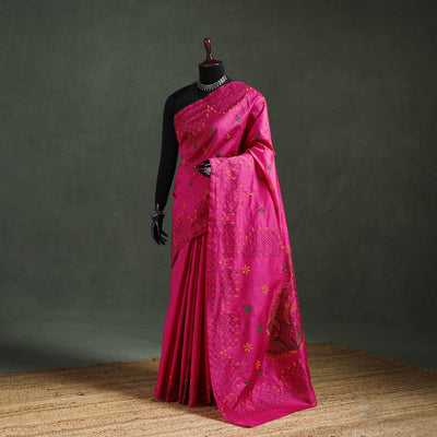 Pink - Bengal Nakshi Kantha Hand Embroidered Silk Saree 27